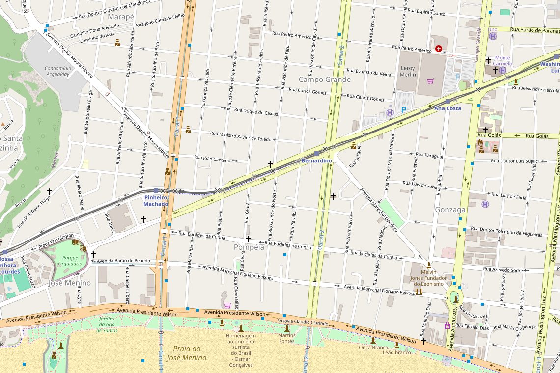 Mapa do Campo Grande, em Santos, com o apartamento, a praia, mercados, escolas infantis e bares ao redor